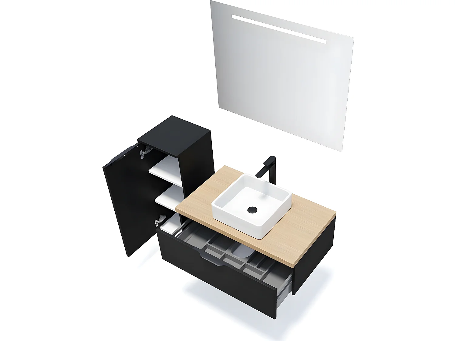 Meuble de salle de bain suspendu vasque à poser 90cm 1 tiroir Noir + miroir + colonne ouverture gauche - Soho