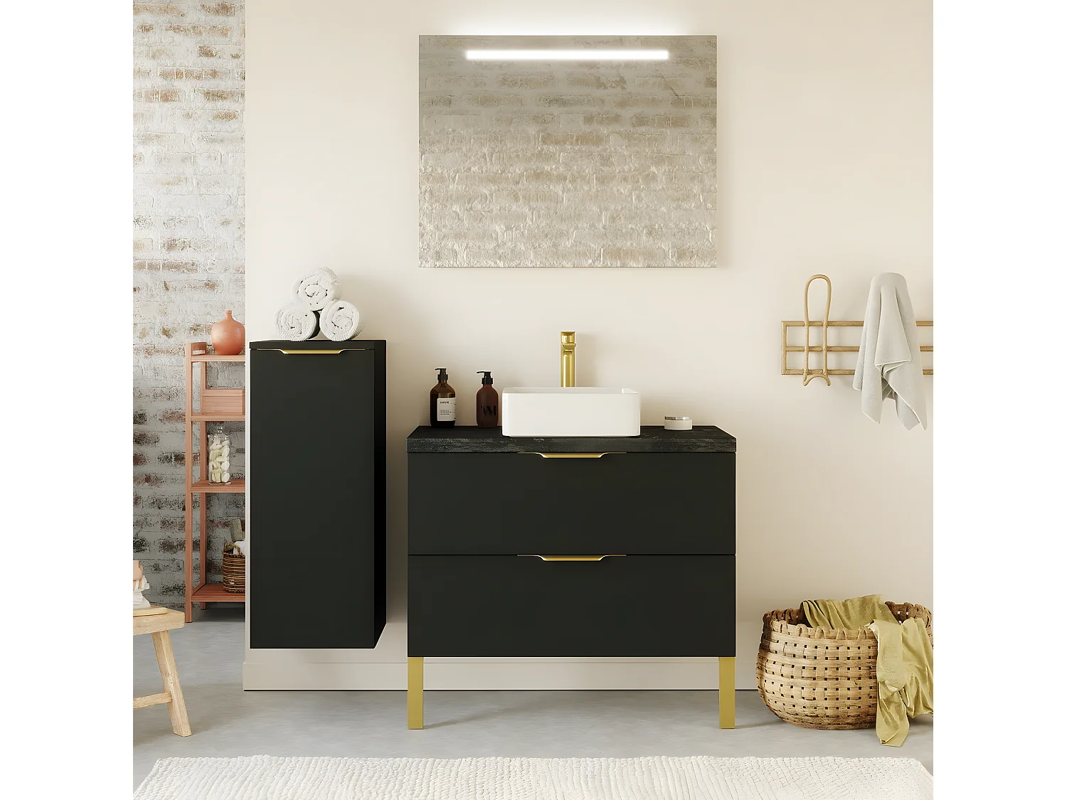 Meuble de salle de bain suspendu vasque à poser 90cm 2 tiroirs Noir + miroir + colonne ouverture gauche - Venice