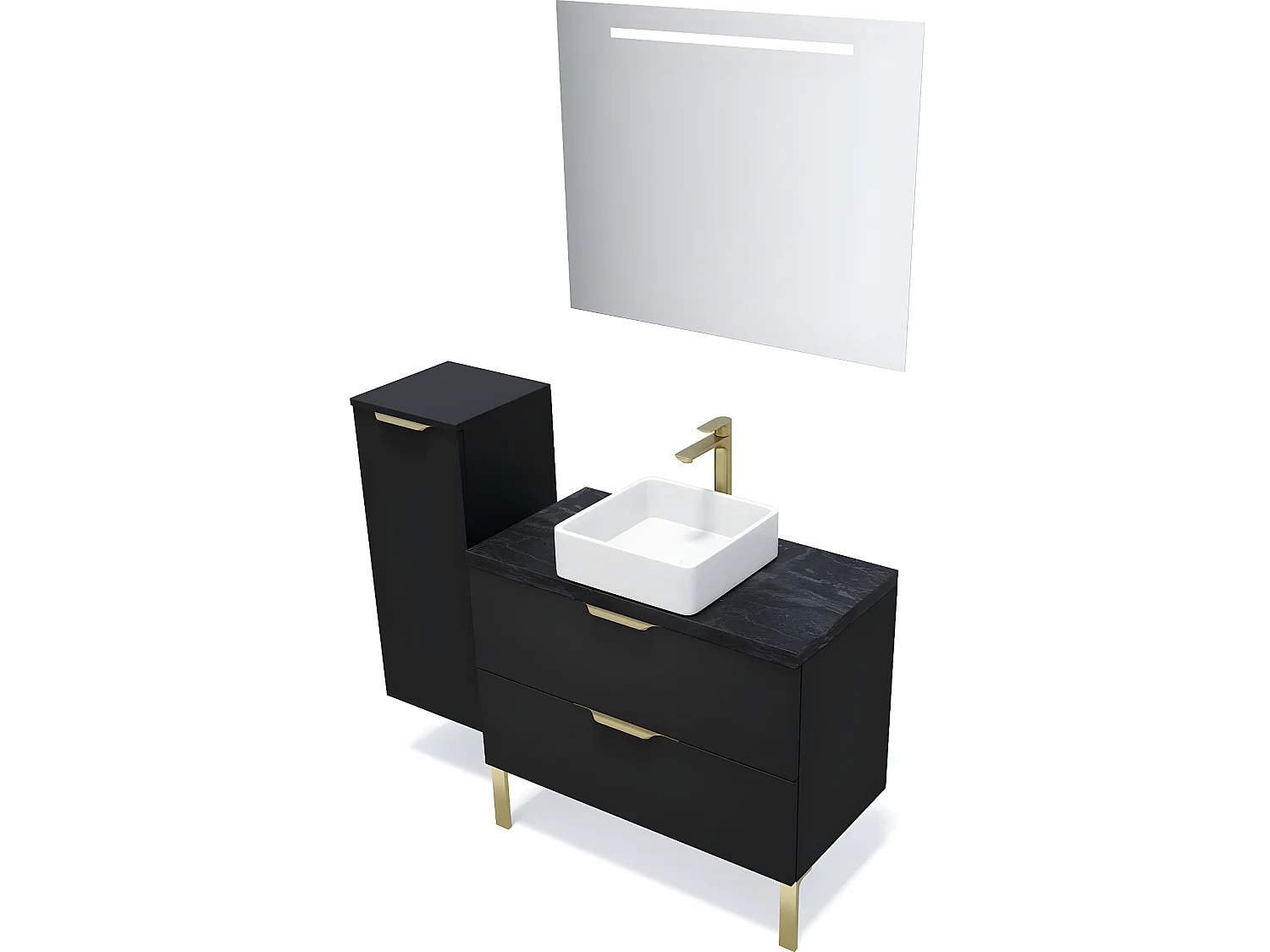 Meuble de salle de bain suspendu vasque à poser 90cm 2 tiroirs Noir + miroir + colonne ouverture gauche - Venice