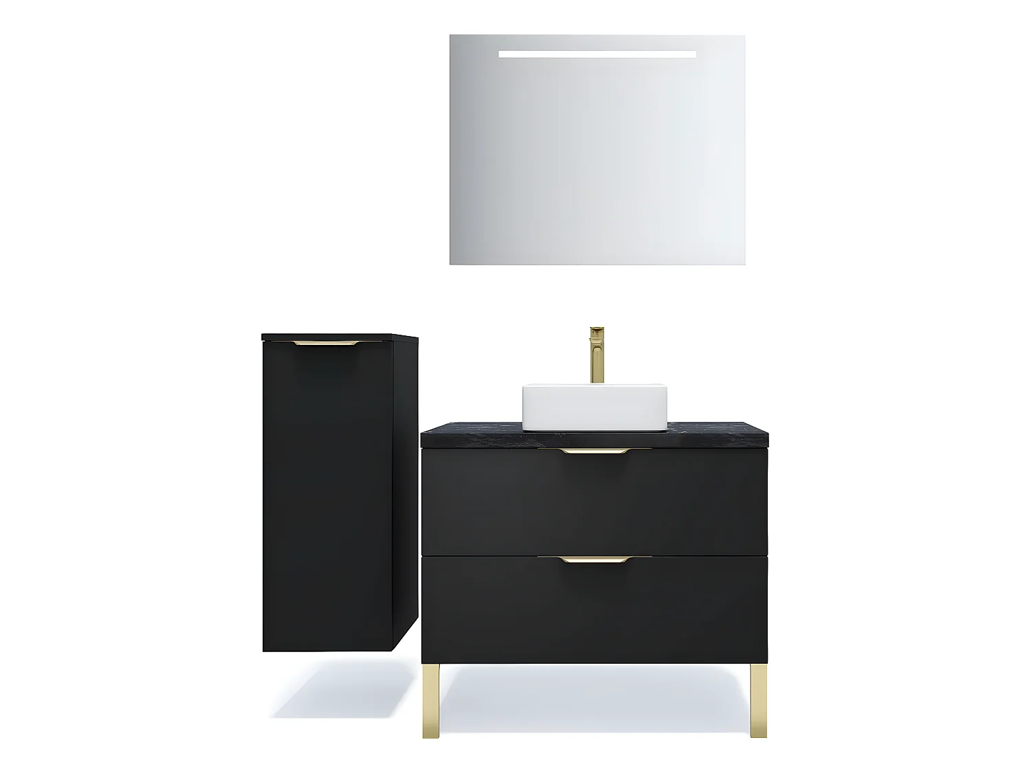Meuble de salle de bain suspendu vasque à poser 90cm 2 tiroirs Noir + miroir + colonne ouverture gauche - Venice