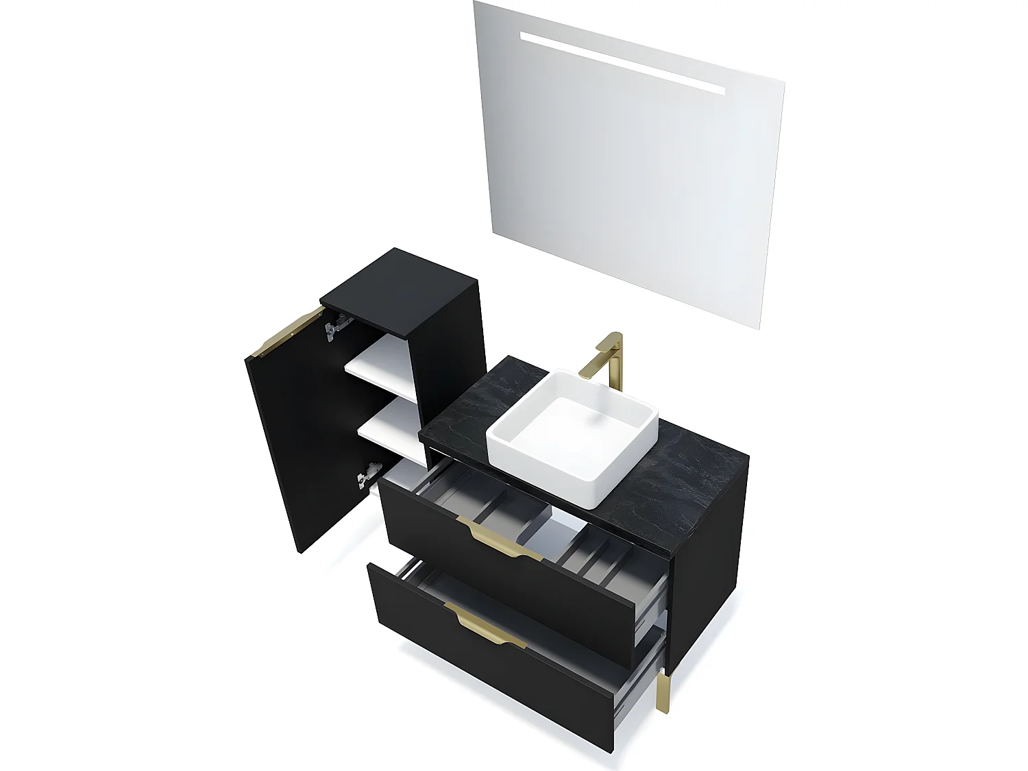 Meuble de salle de bain suspendu vasque à poser 90cm 2 tiroirs Noir + miroir + colonne ouverture gauche - Venice