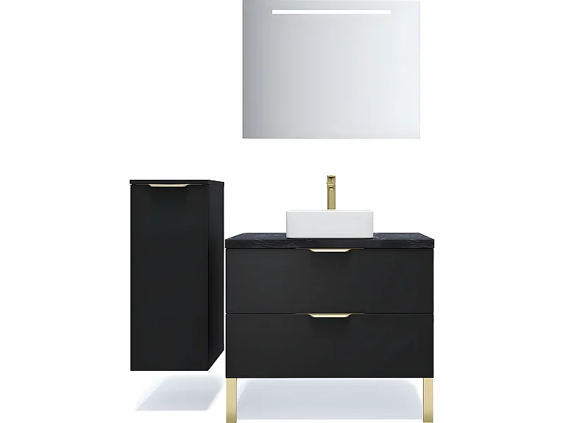 Meuble de salle de bain suspendu vasque à poser 90cm 2 tiroirs Noir + miroir + colonne ouverture gauche - Venice