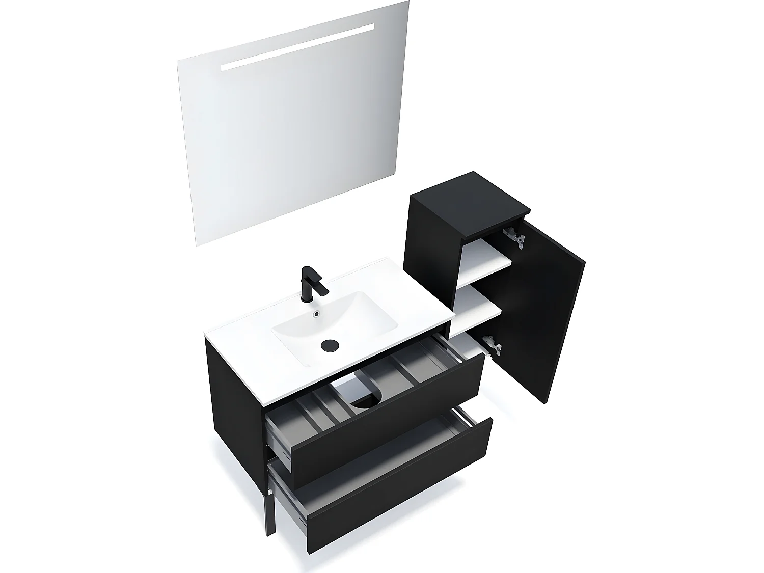 Meuble de salle de bain suspendu vasque intégrée 90cm 2 tiroirs Noir + miroir + colonne ouverture droite - Hudson