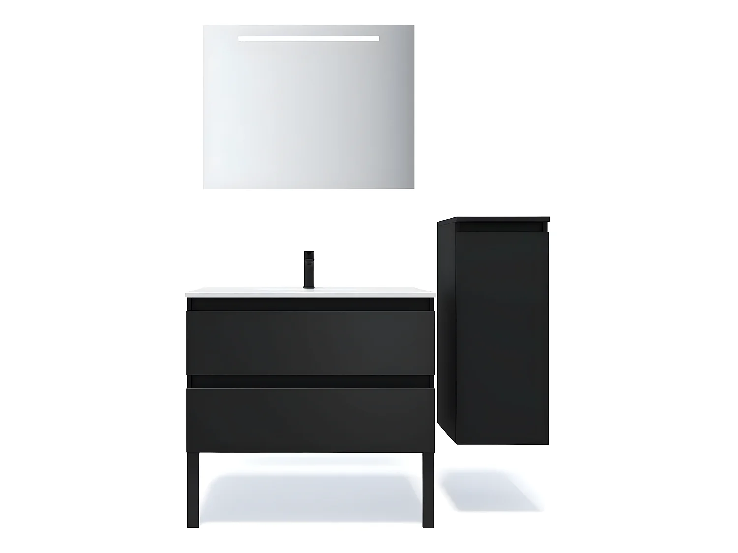 Meuble de salle de bain suspendu vasque intégrée 90cm 2 tiroirs Noir + miroir + colonne ouverture droite - Hudson