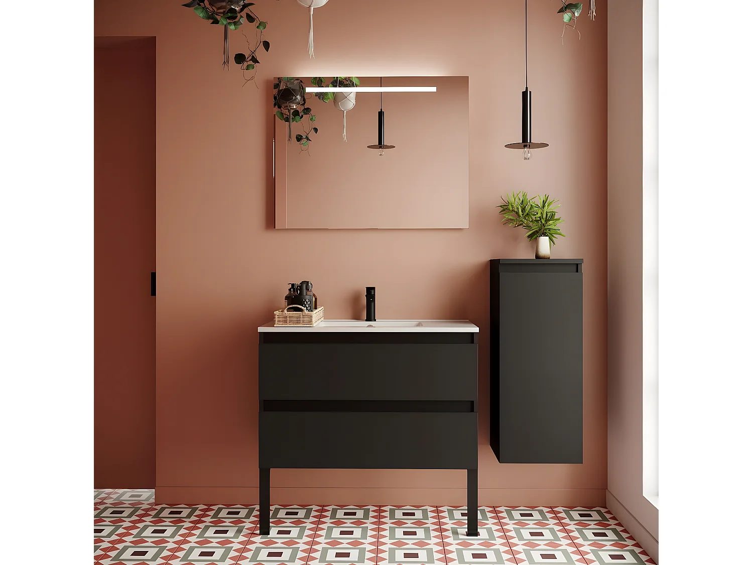 Meuble de salle de bain suspendu vasque intégrée 90cm 2 tiroirs Noir + miroir + colonne ouverture droite - Hudson