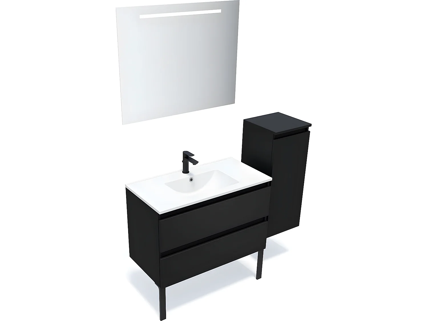 Meuble de salle de bain suspendu vasque intégrée 90cm 2 tiroirs Noir + miroir + colonne ouverture droite - Hudson