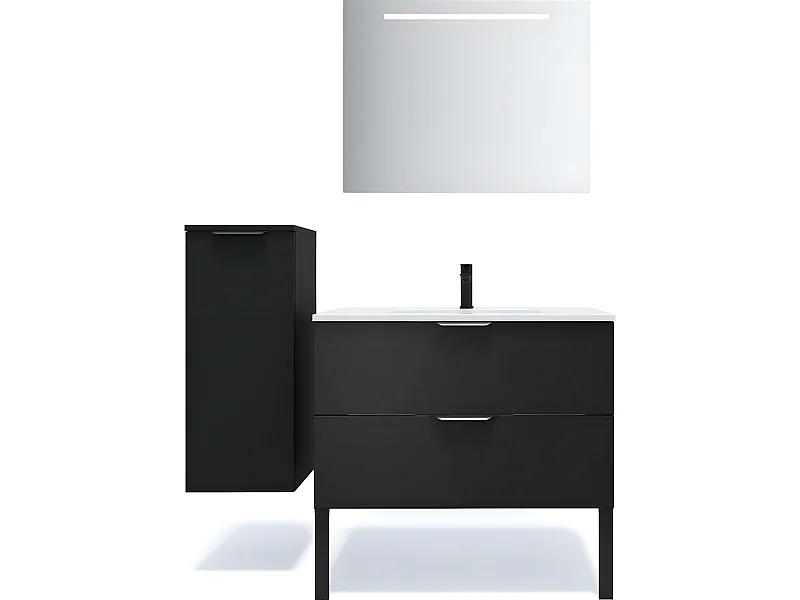 Meuble de salle de bain suspendu vasque intégrée 90cm 2 tiroirs Noir + miroir + colonne ouverture gauche - Soho