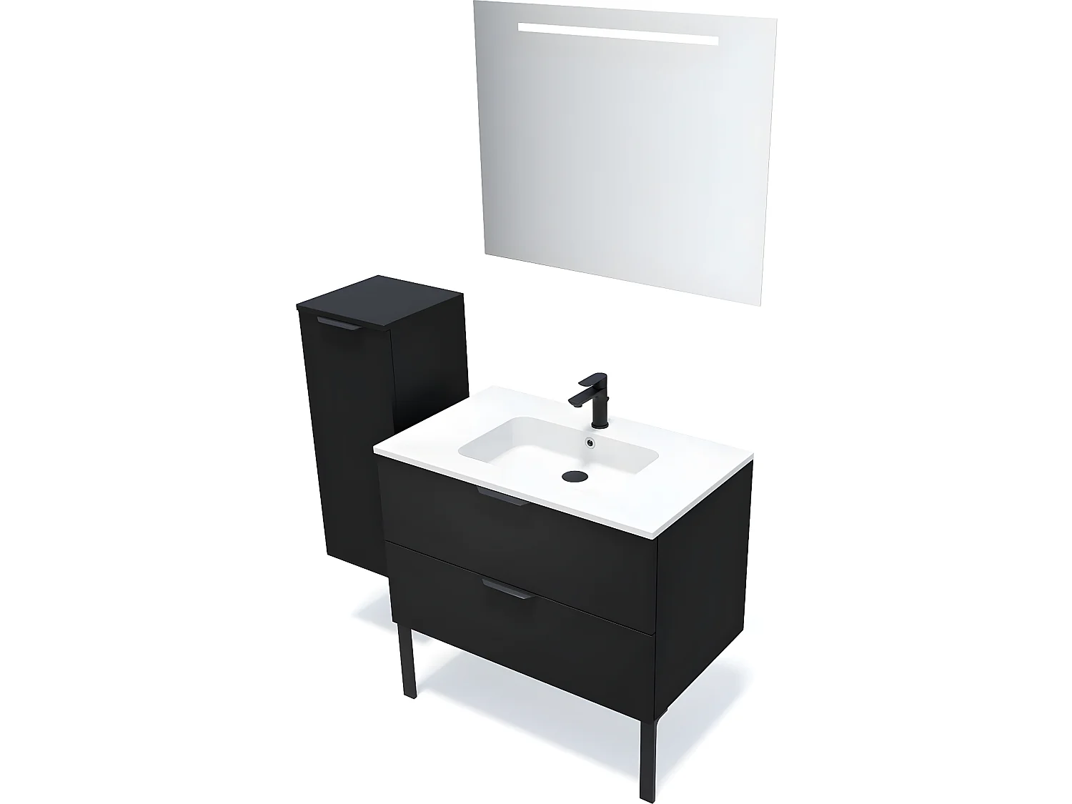Meuble de salle de bain suspendu vasque intégrée 90cm 2 tiroirs Noir + miroir + colonne ouverture gauche - Soho