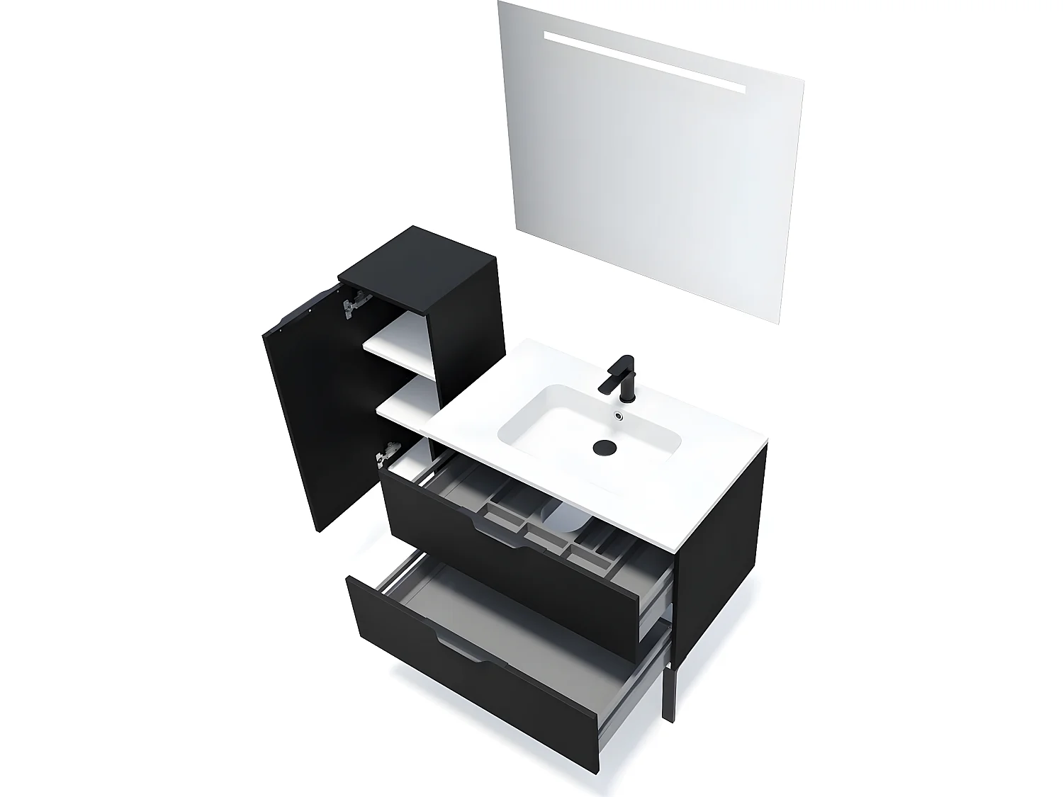 Meuble de salle de bain suspendu vasque intégrée 90cm 2 tiroirs Noir + miroir + colonne ouverture gauche - Soho