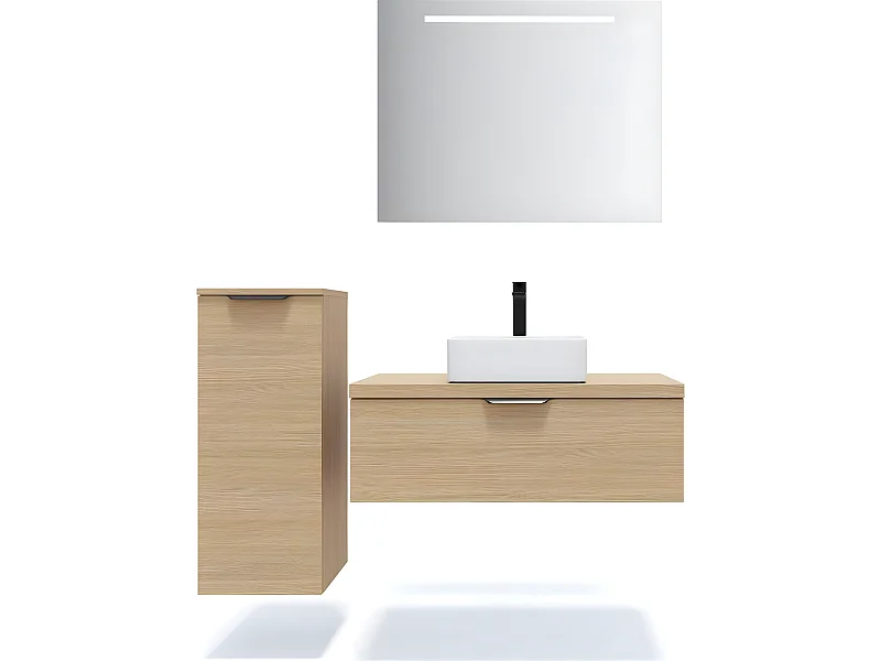 Meuble de salle de bain suspendu vasque à poser 90cm 1 tiroir Chêne clair + miroir + colonne ouverture gauche - Venice