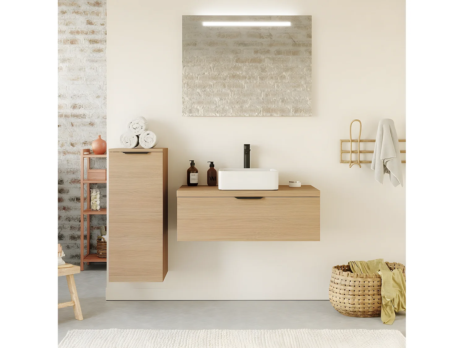 Meuble de salle de bain suspendu vasque à poser 90cm 1 tiroir Chêne clair + miroir + colonne ouverture gauche - Venice