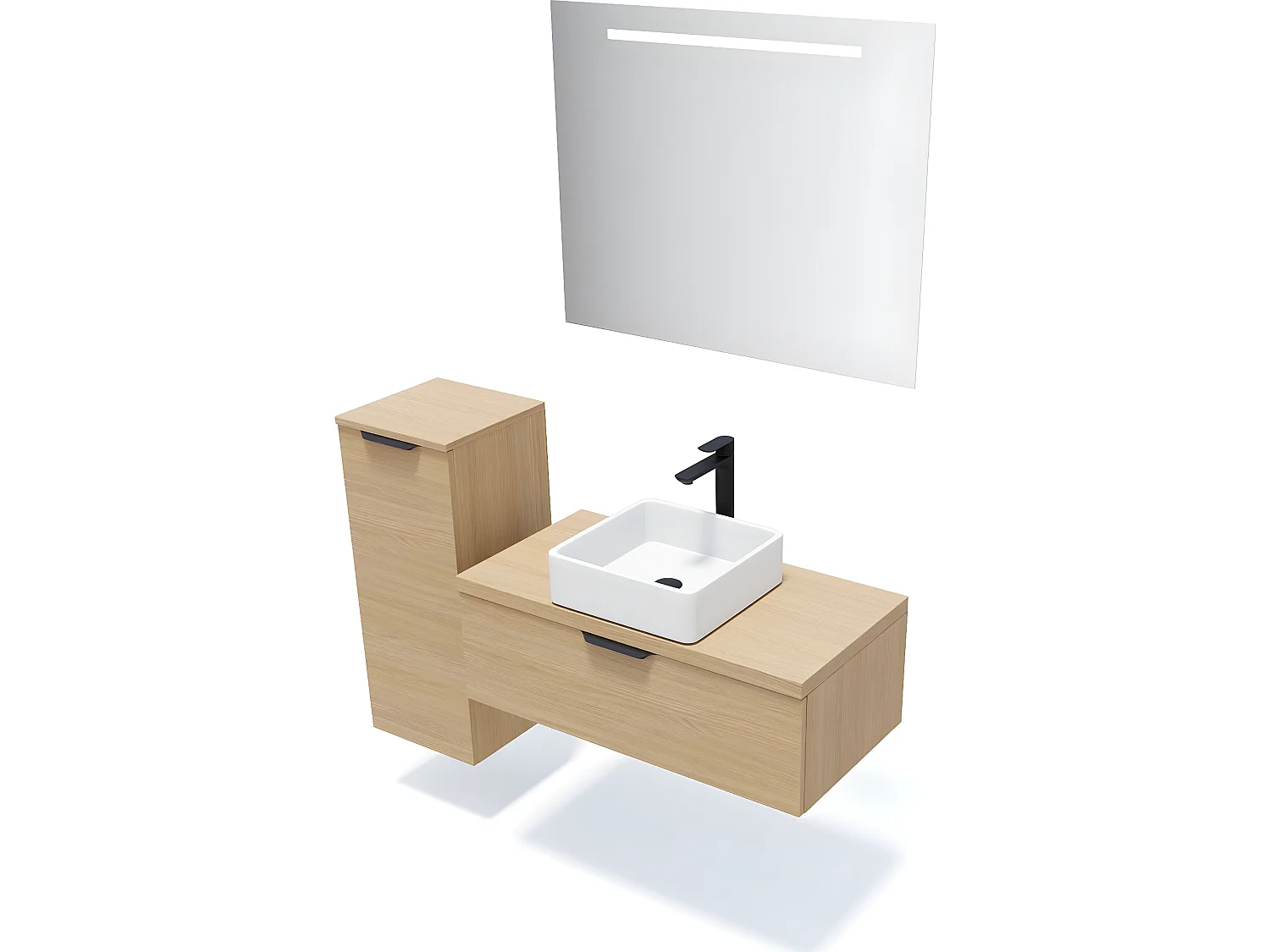 Meuble de salle de bain suspendu vasque à poser 90cm 1 tiroir Chêne clair + miroir + colonne ouverture gauche - Venice