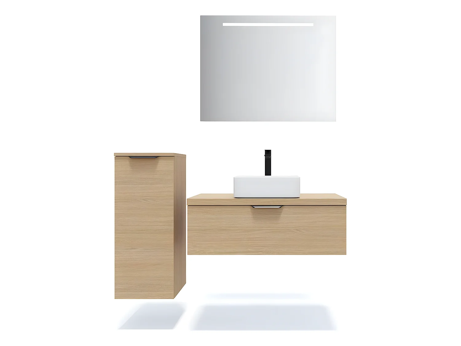 Meuble de salle de bain suspendu vasque à poser 90cm 1 tiroir Chêne clair + miroir + colonne ouverture gauche - Venice