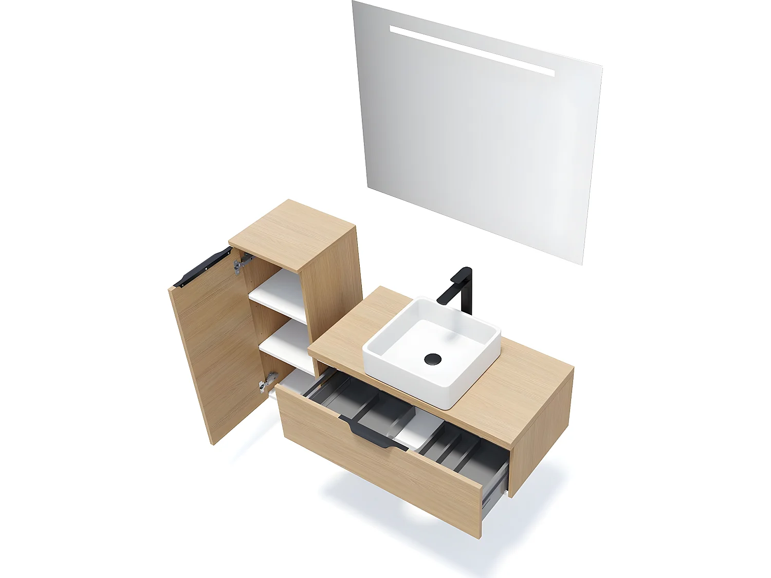 Meuble de salle de bain suspendu vasque à poser 90cm 1 tiroir Chêne clair + miroir + colonne ouverture gauche - Venice
