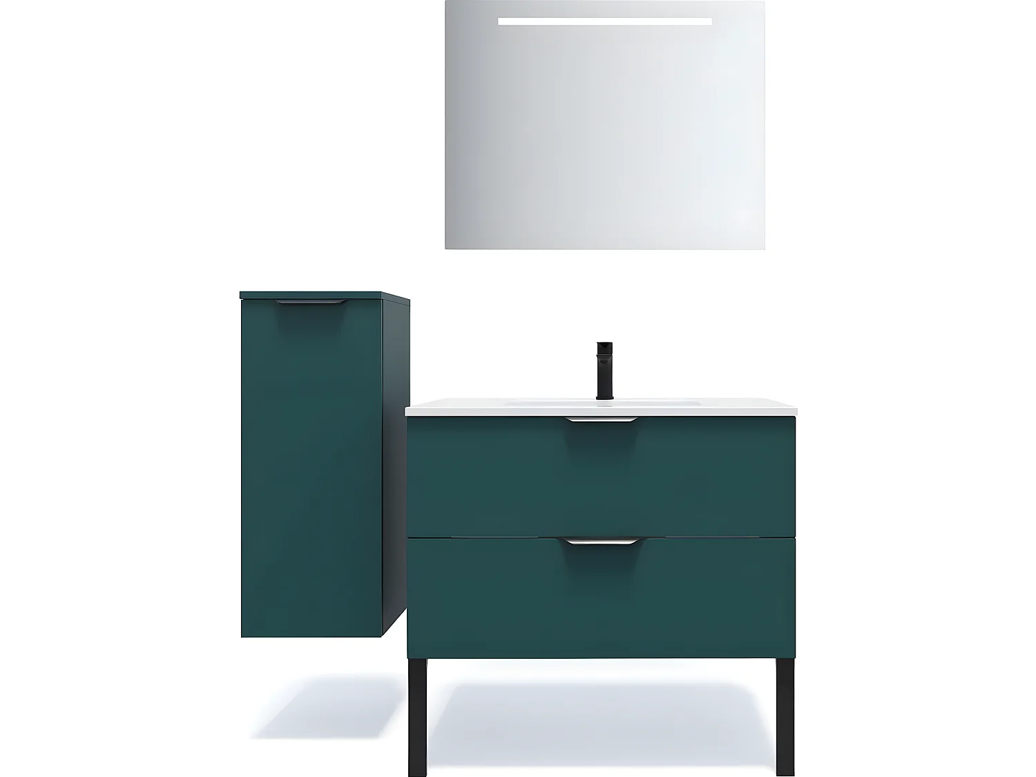 Meuble de salle de bain suspendu vasque intégrée 90cm 2 tiroirs Bleu + miroir + colonne ouverture gauche - Soho