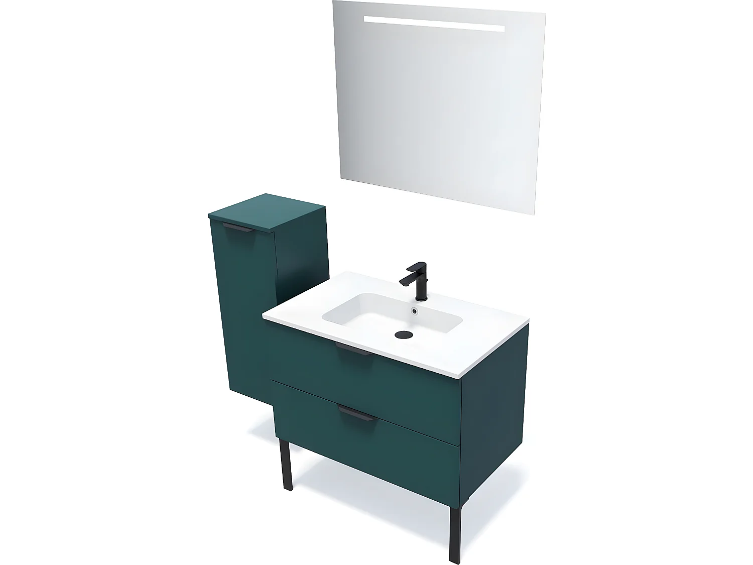 Meuble de salle de bain suspendu vasque intégrée 90cm 2 tiroirs Bleu + miroir + colonne ouverture gauche - Soho