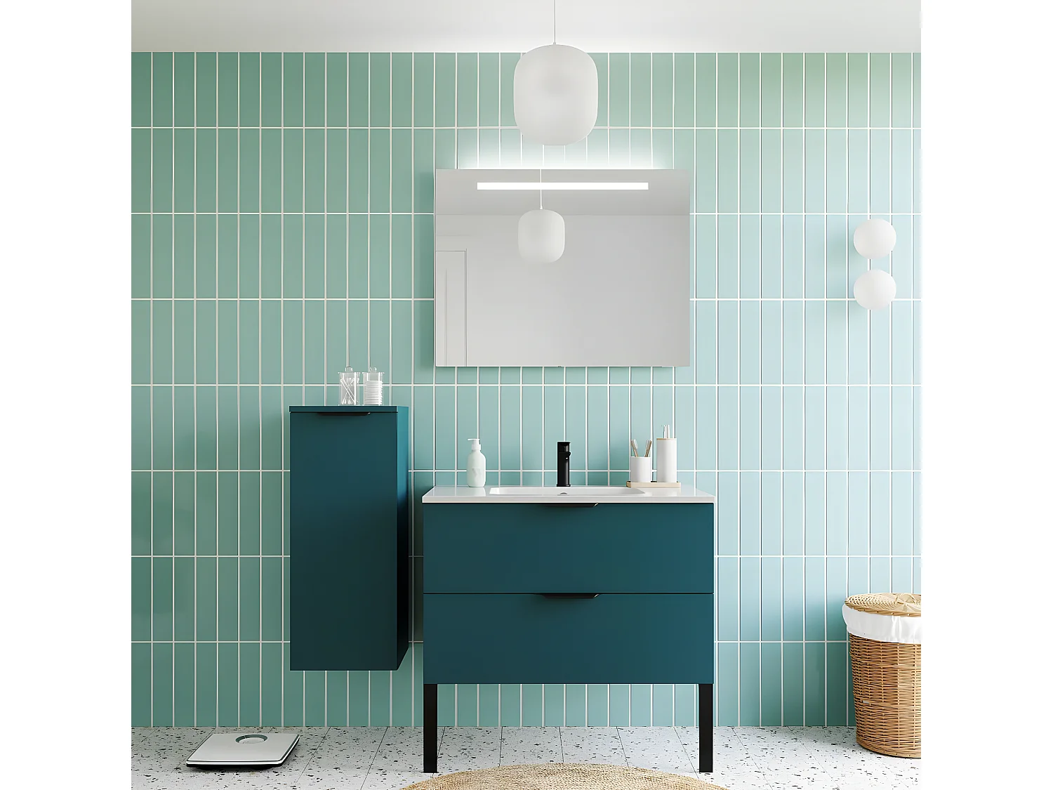 Meuble de salle de bain suspendu vasque intégrée 90cm 2 tiroirs Bleu + miroir + colonne ouverture gauche - Soho