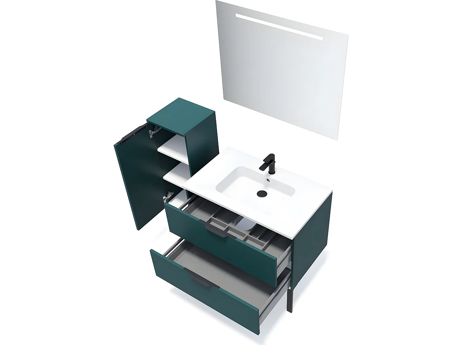 Meuble de salle de bain suspendu vasque intégrée 90cm 2 tiroirs Bleu + miroir + colonne ouverture gauche - Soho