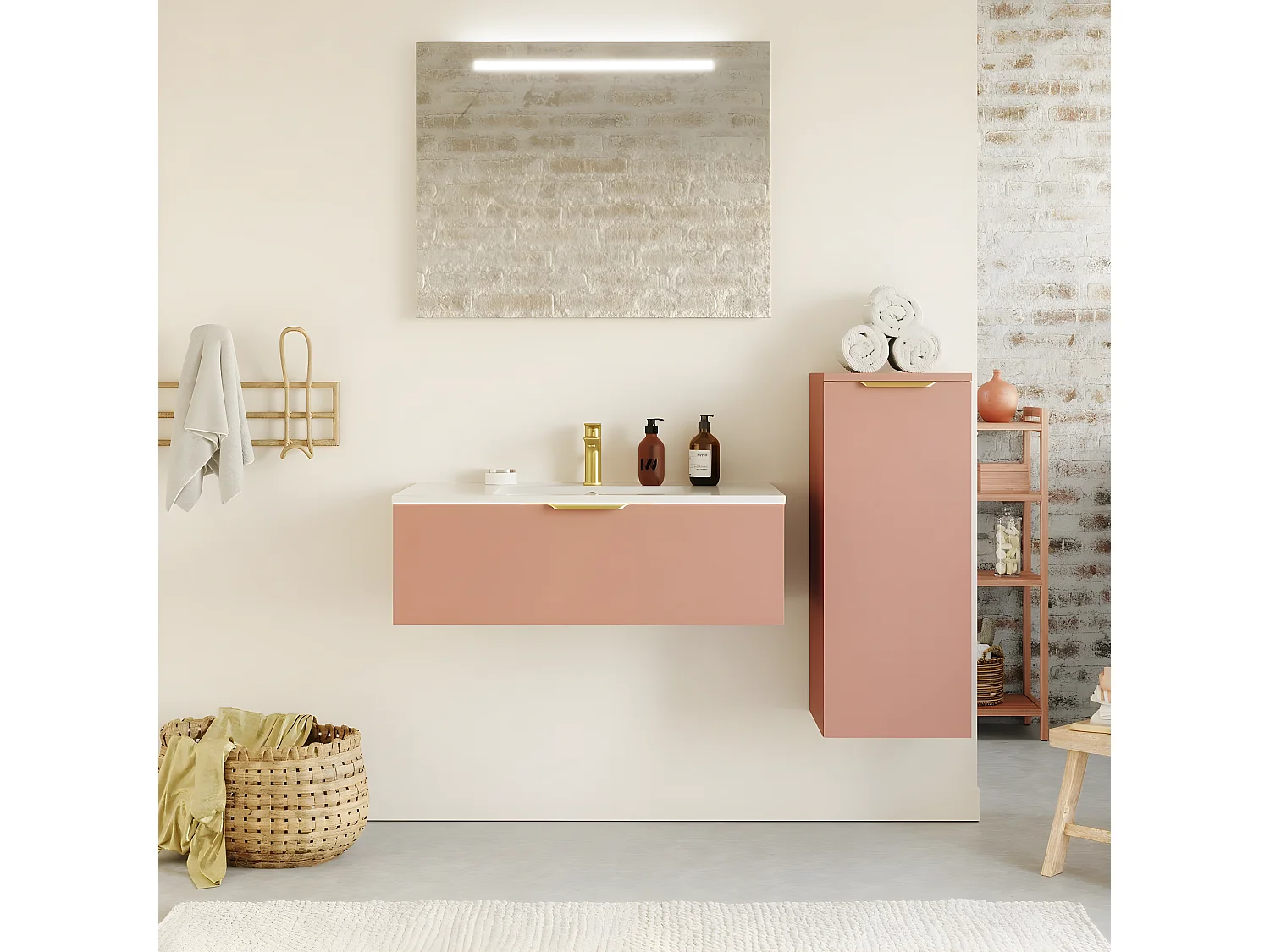 Meuble de salle de bain suspendu vasque intégrée 90cm 1 tiroir Abricot + miroir + colonne ouverture droite - Venice