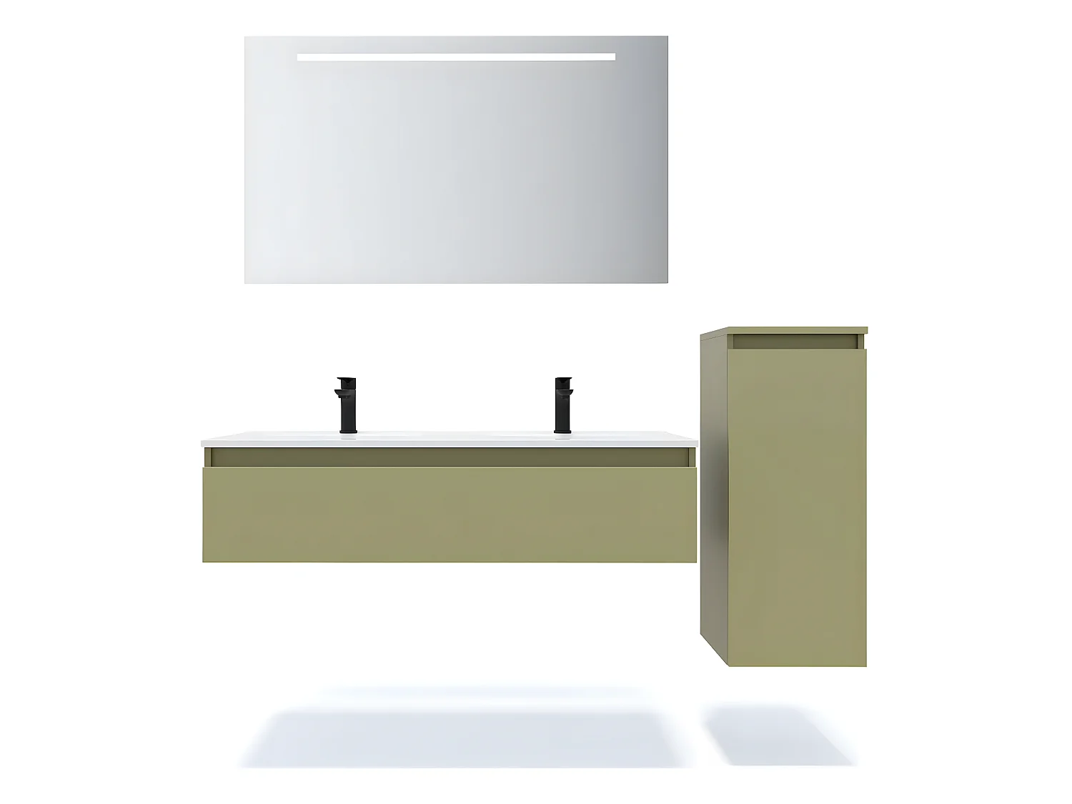 Meuble de salle de bain suspendu double vasque intégrée 120cm 1 tiroir Vert olive + miroir + colonne ouverture droite - Hudson