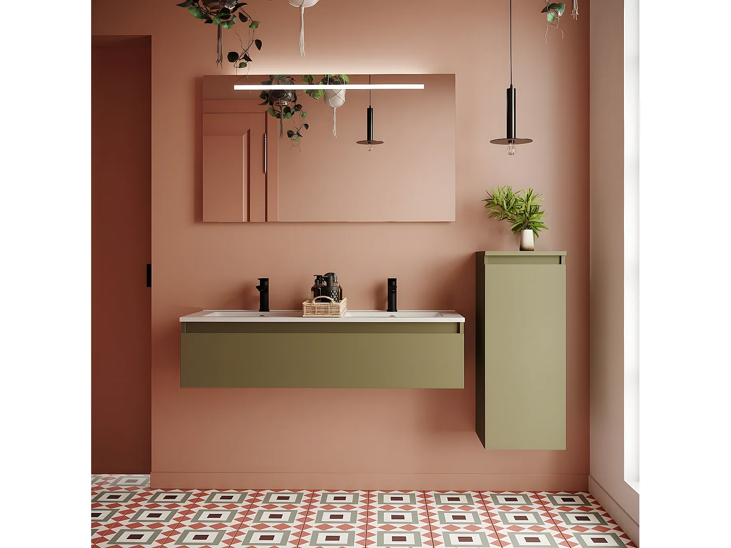 Meuble de salle de bain suspendu double vasque intégrée 120cm 1 tiroir Vert olive + miroir + colonne ouverture droite - Hudson