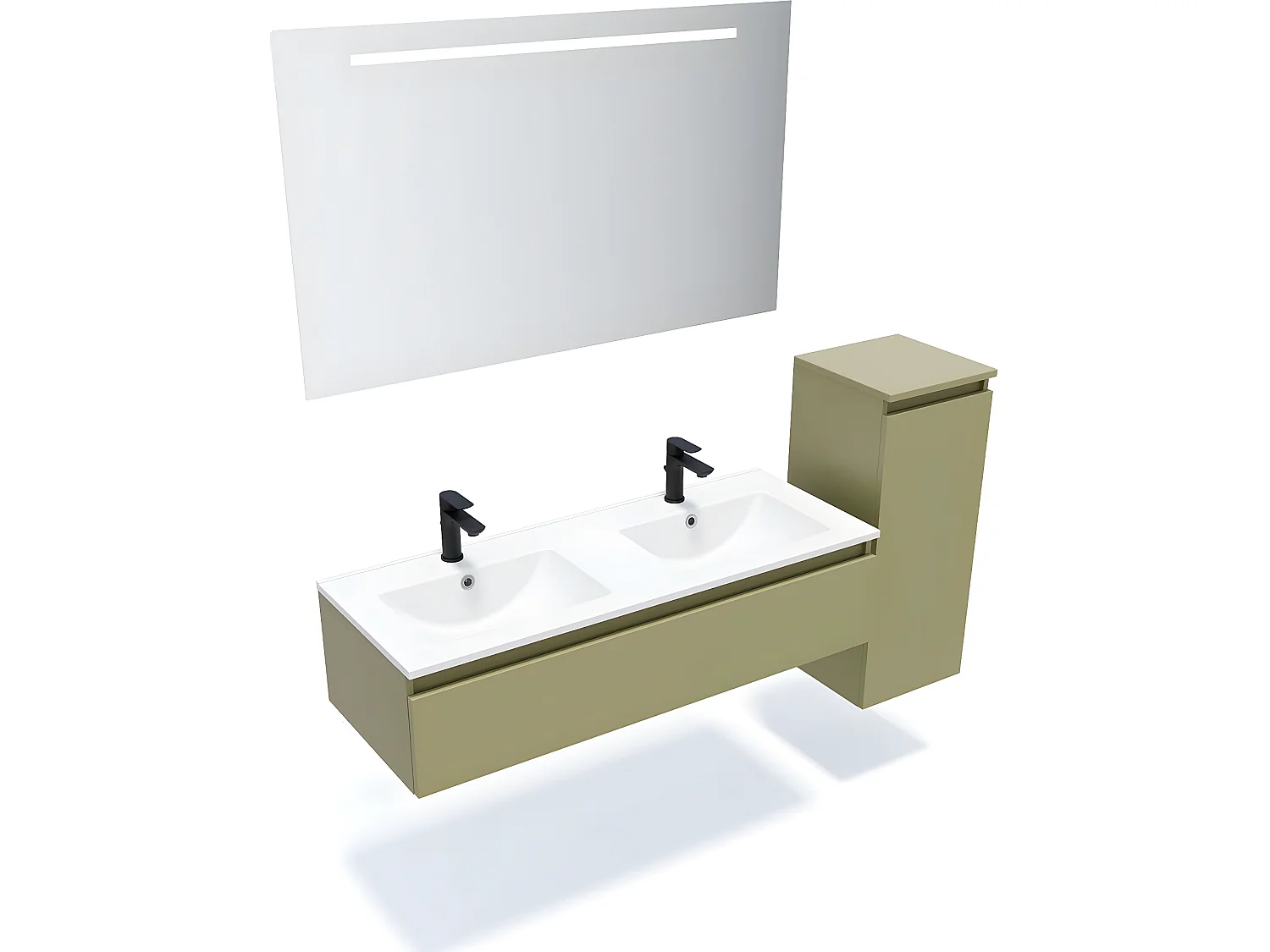 Meuble de salle de bain suspendu double vasque intégrée 120cm 1 tiroir Vert olive + miroir + colonne ouverture droite - Hudson