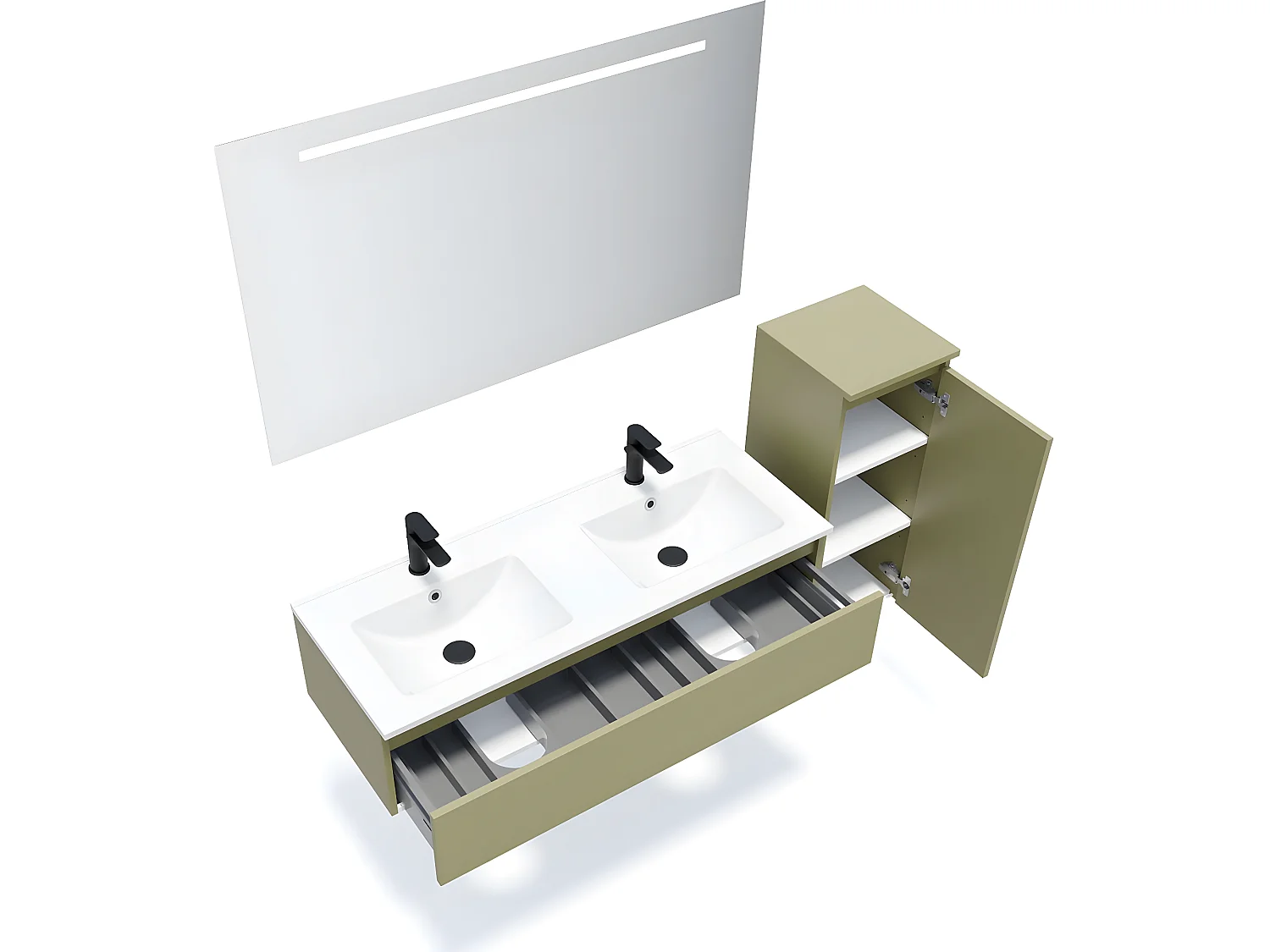 Meuble de salle de bain suspendu double vasque intégrée 120cm 1 tiroir Vert olive + miroir + colonne ouverture droite - Hudson