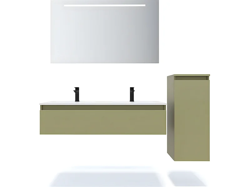 Meuble de salle de bain suspendu double vasque intégrée 120cm 1 tiroir Vert olive + miroir + colonne ouverture droite - Hudson