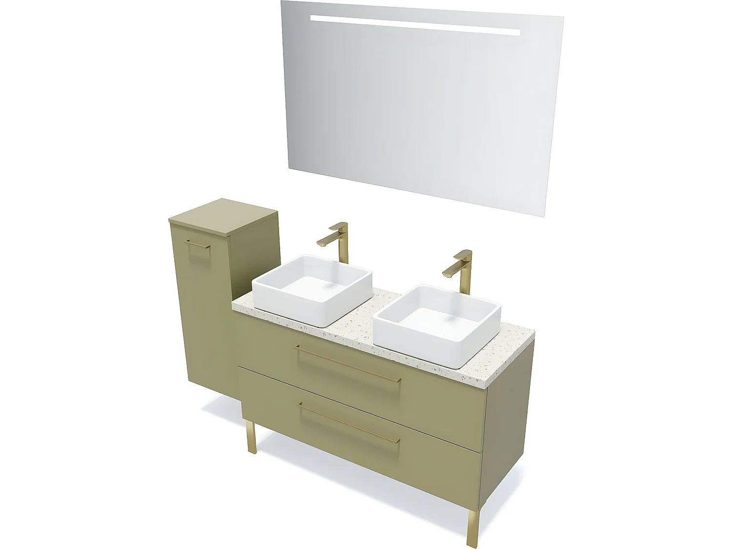 Meuble de salle de bain suspendu 2 vasques à poser 120cm 2 tiroirs Vert olive + miroir + colonne ouverture gauche - Glasgow
