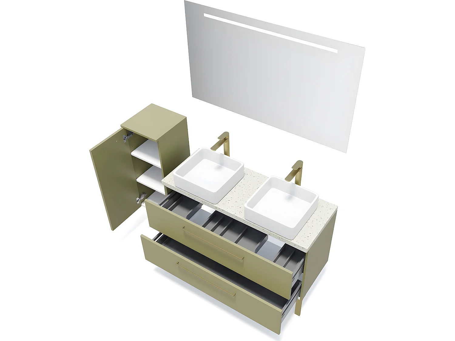Meuble de salle de bain suspendu 2 vasques à poser 120cm 2 tiroirs Vert olive + miroir + colonne ouverture gauche - Glasgow