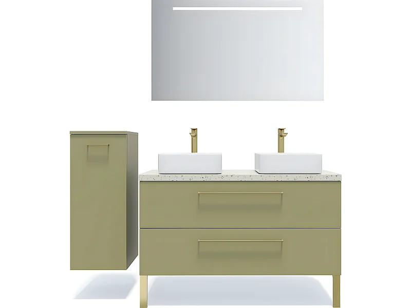 Meuble de salle de bain suspendu 2 vasques à poser 120cm 2 tiroirs Vert olive + miroir + colonne ouverture gauche - Glasgow