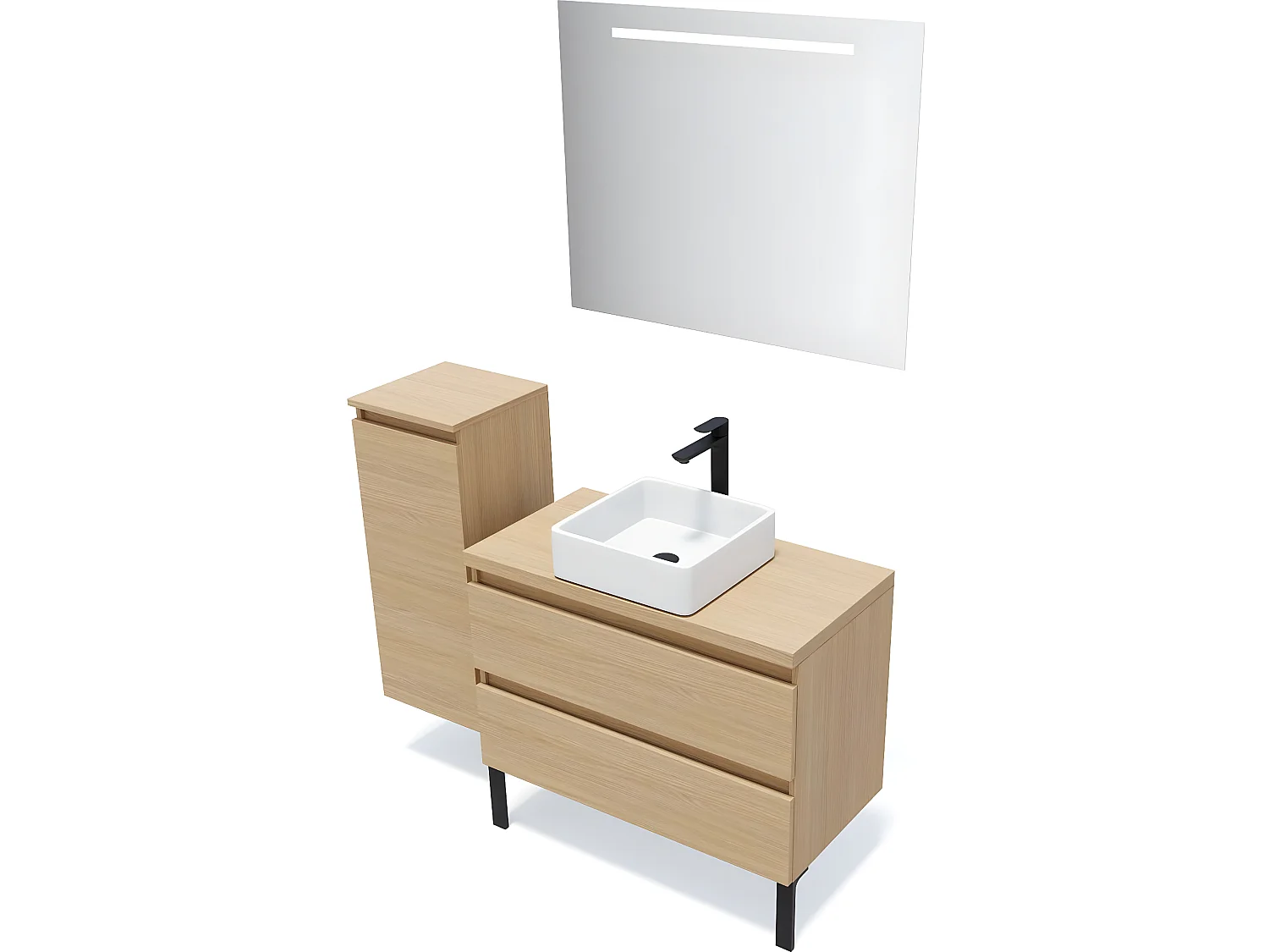 Meuble de salle de bain suspendu vasque à poser 90cm 2 tiroirs Chêne clair + miroir + colonne ouverture gauche - Hudson