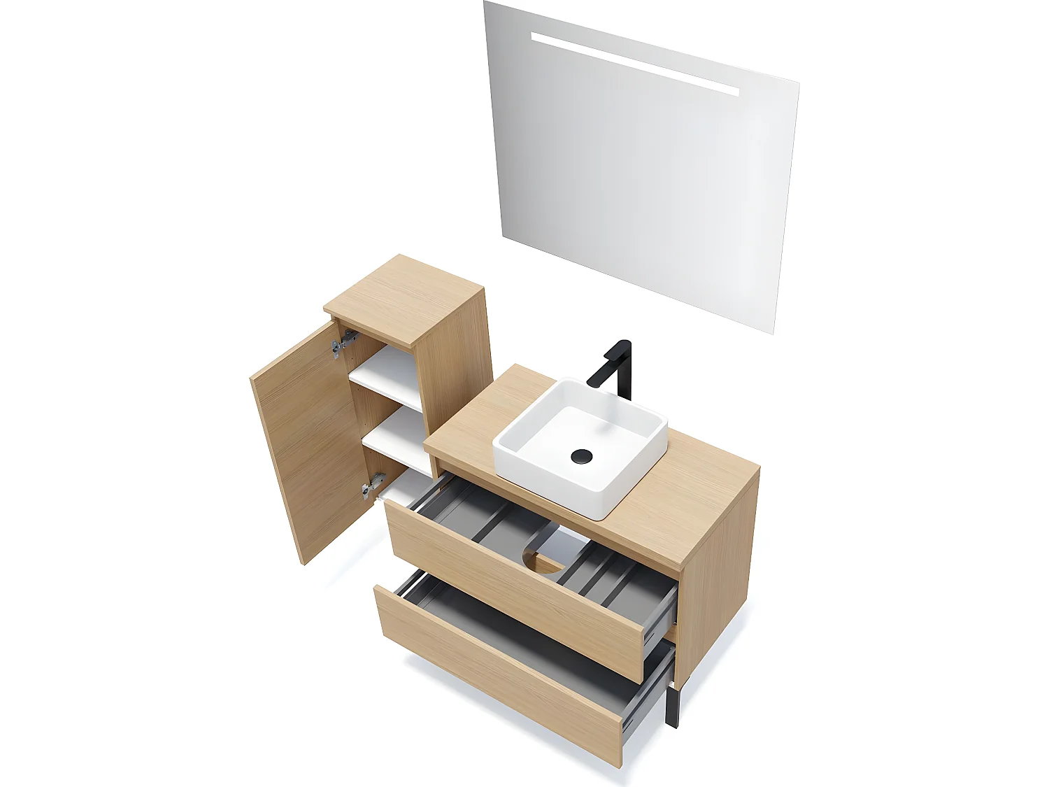 Meuble de salle de bain suspendu vasque à poser 90cm 2 tiroirs Chêne clair + miroir + colonne ouverture gauche - Hudson
