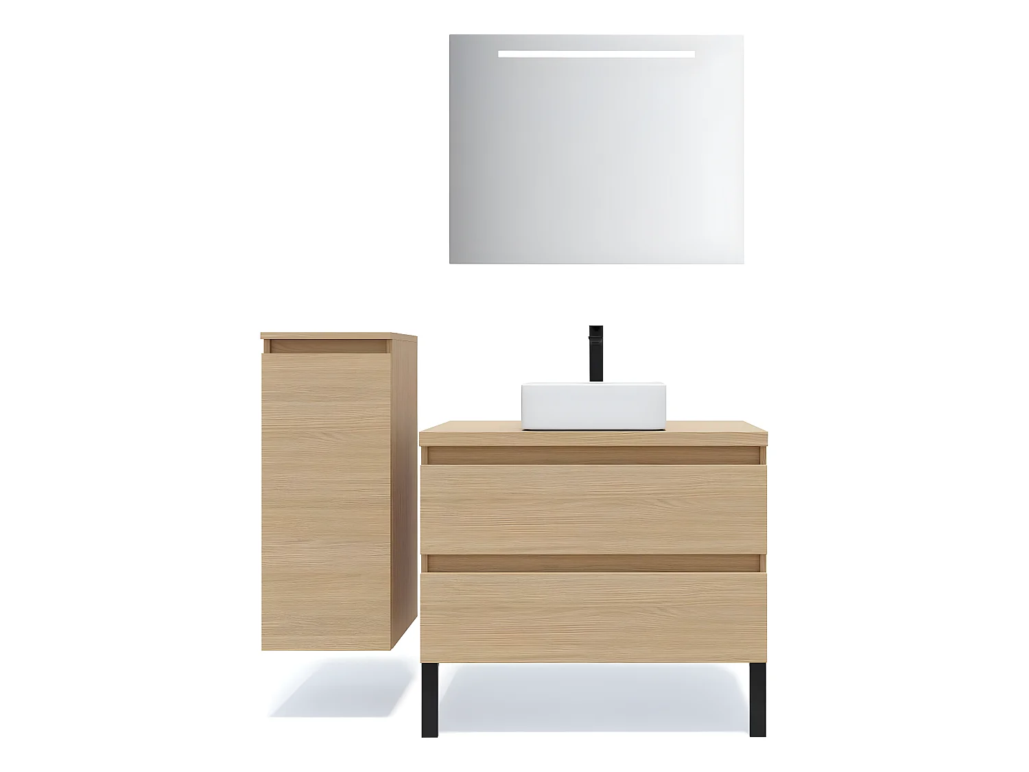 Meuble de salle de bain suspendu vasque à poser 90cm 2 tiroirs Chêne clair + miroir + colonne ouverture gauche - Hudson