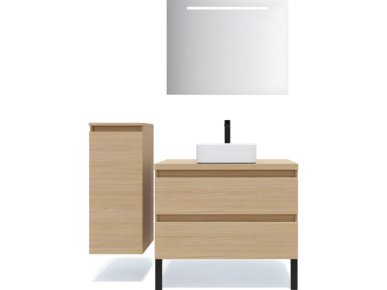 Meuble de salle de bain suspendu vasque à poser 90cm 2 tiroirs Chêne clair + miroir + colonne ouverture gauche - Hudson