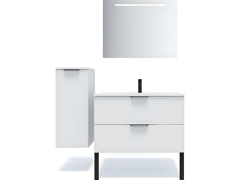 Meuble de salle de bain suspendu vasque intégrée 90cm 2 tiroirs Blanc + miroir + colonne ouverture gauche - Soho