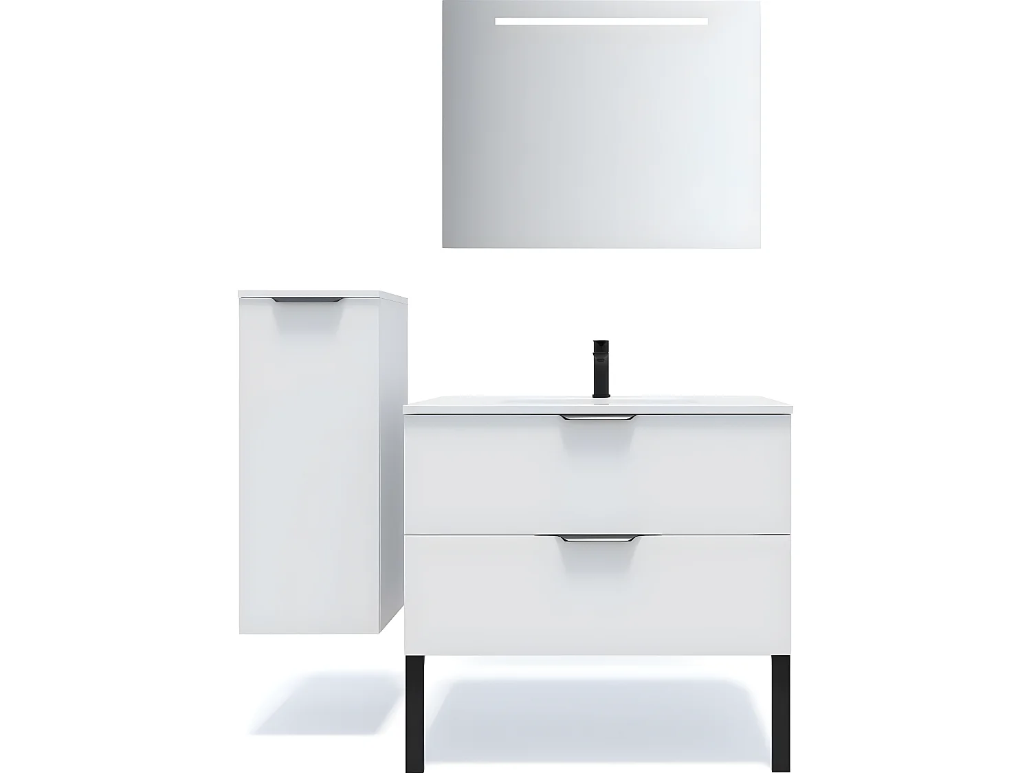 Meuble de salle de bain suspendu vasque intégrée 90cm 2 tiroirs Blanc + miroir + colonne ouverture gauche - Soho