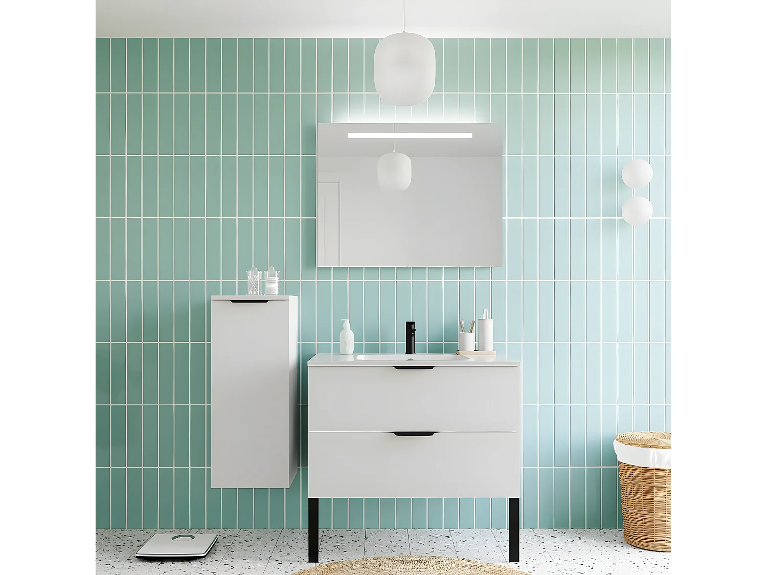 Meuble de salle de bain suspendu vasque intégrée 90cm 2 tiroirs Blanc + miroir + colonne ouverture gauche - Soho
