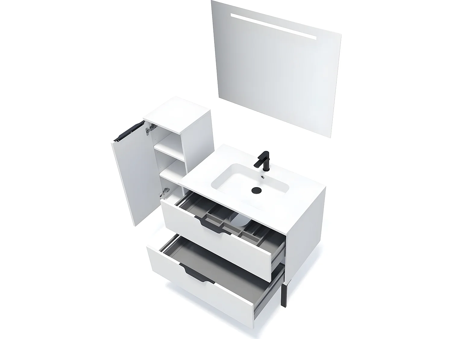 Meuble de salle de bain suspendu vasque intégrée 90cm 2 tiroirs Blanc + miroir + colonne ouverture gauche - Soho