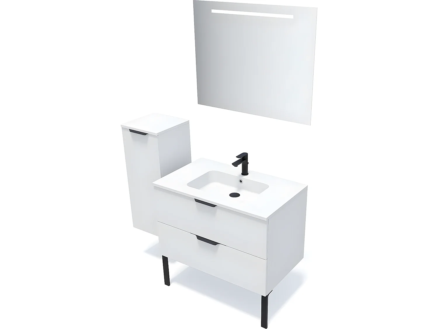 Meuble de salle de bain suspendu vasque intégrée 90cm 2 tiroirs Blanc + miroir + colonne ouverture gauche - Soho