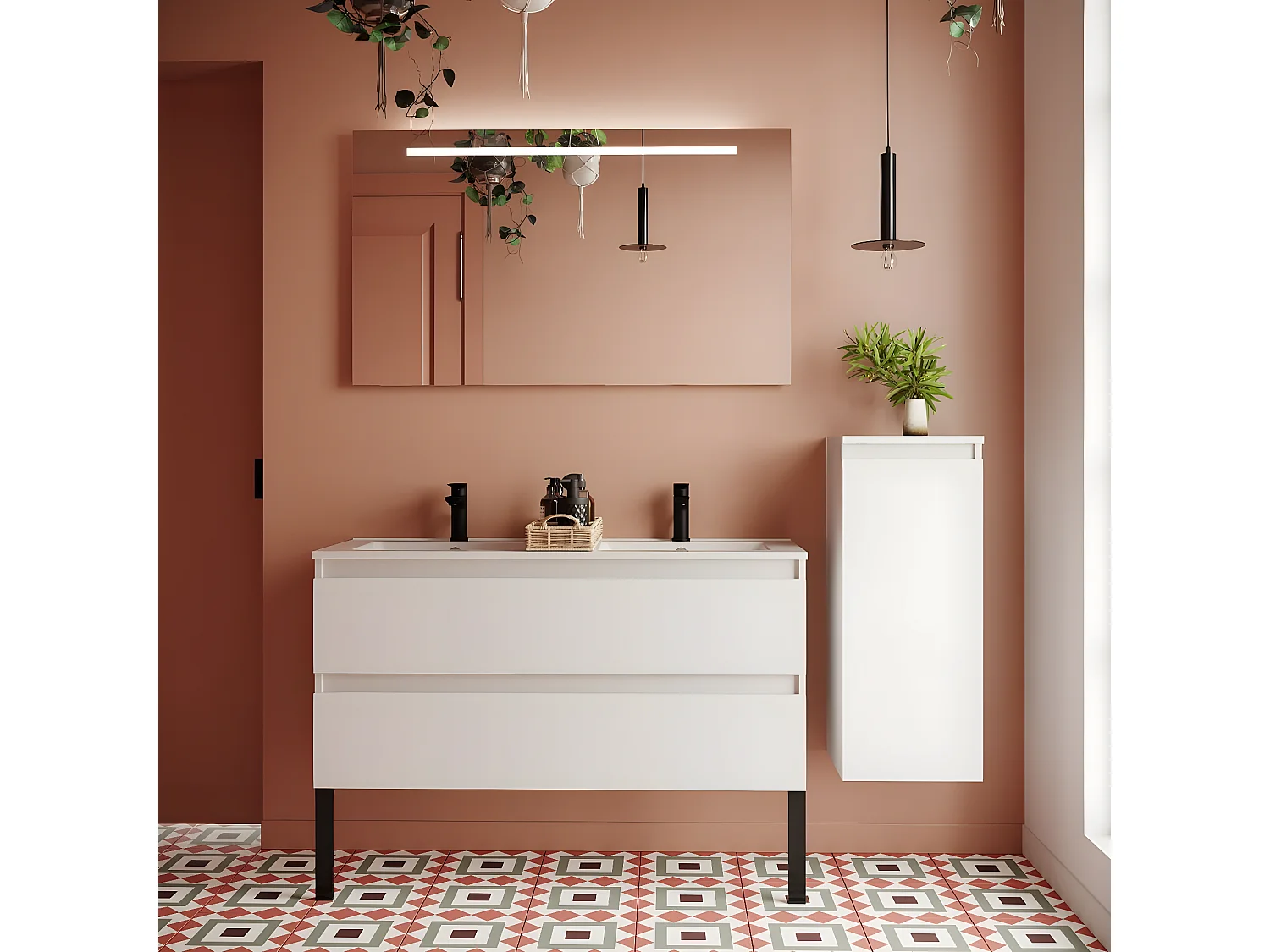 Meuble de salle de bain suspendu double vasque intégrée 120cm 2 tiroirs Blanc + miroir + colonne ouverture droite - Hudson