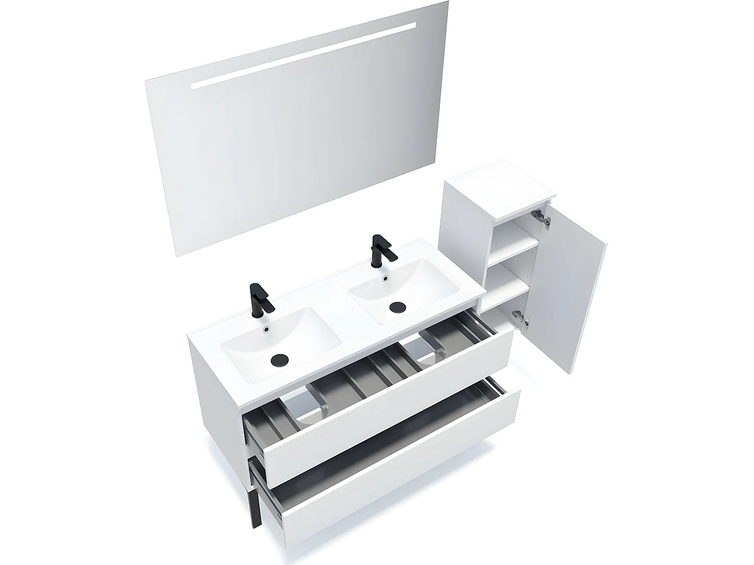 Meuble de salle de bain suspendu double vasque intégrée 120cm 2 tiroirs Blanc + miroir + colonne ouverture droite - Hudson