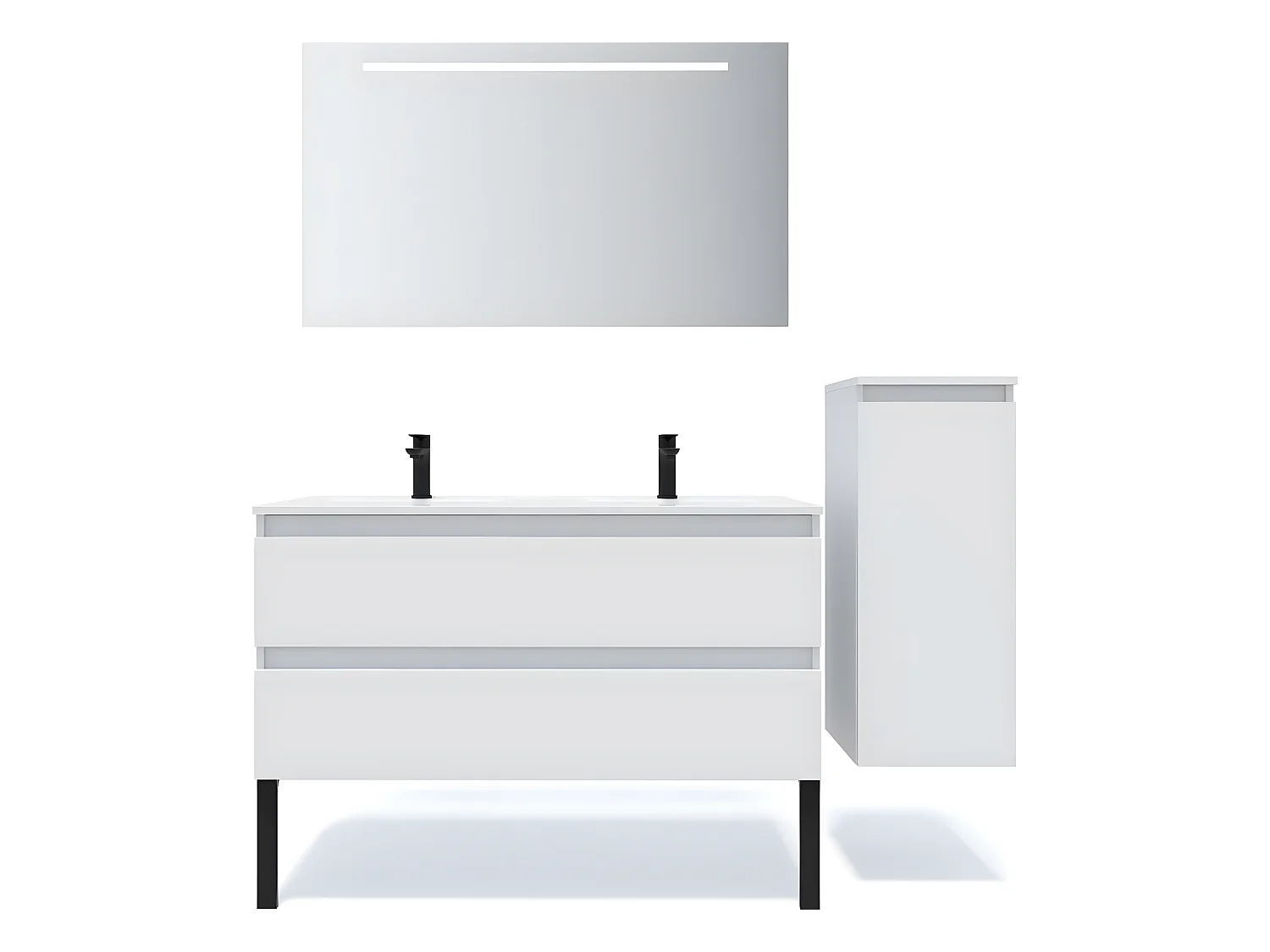 Meuble de salle de bain suspendu double vasque intégrée 120cm 2 tiroirs Blanc + miroir + colonne ouverture droite - Hudson