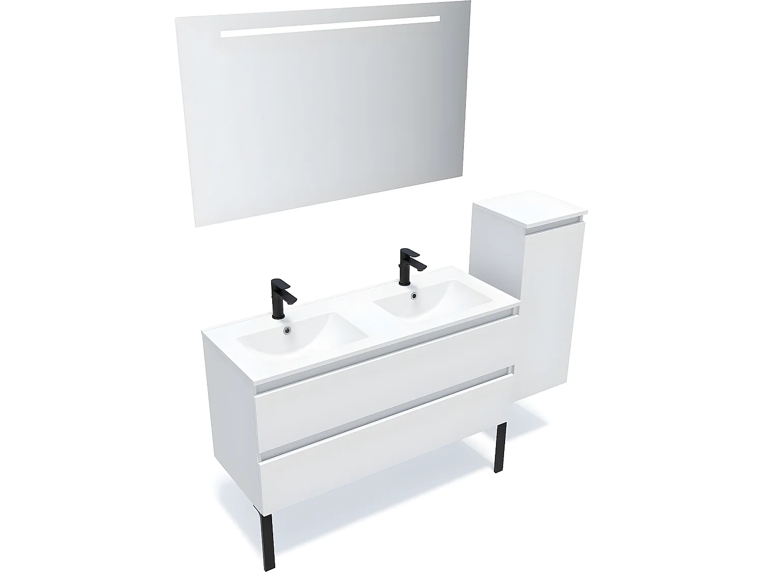 Meuble de salle de bain suspendu double vasque intégrée 120cm 2 tiroirs Blanc + miroir + colonne ouverture droite - Hudson