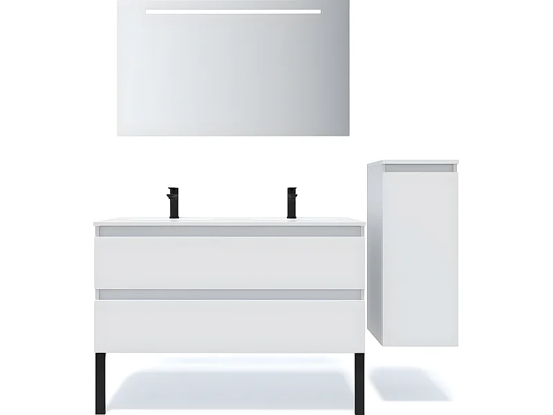 Meuble de salle de bain suspendu double vasque intégrée 120cm 2 tiroirs Blanc + miroir + colonne ouverture droite - Hudson