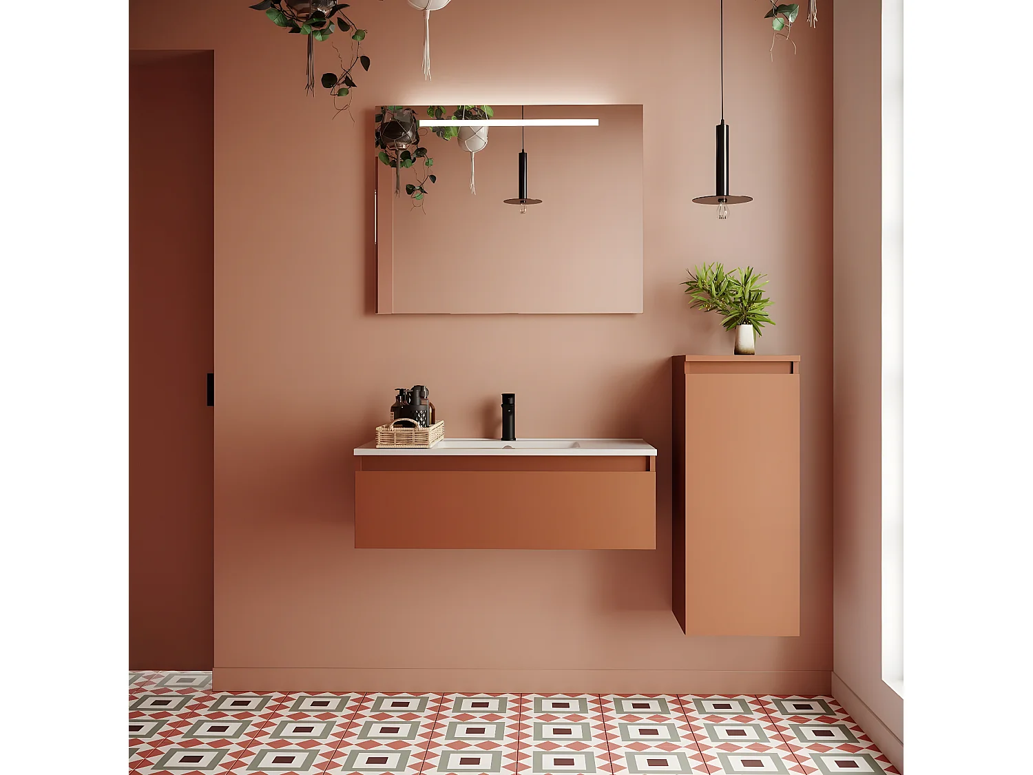 Meuble de salle de bain suspendu vasque intégrée 90cm 1 tiroir Terracotta + miroir + colonne ouverture droite - Hudson