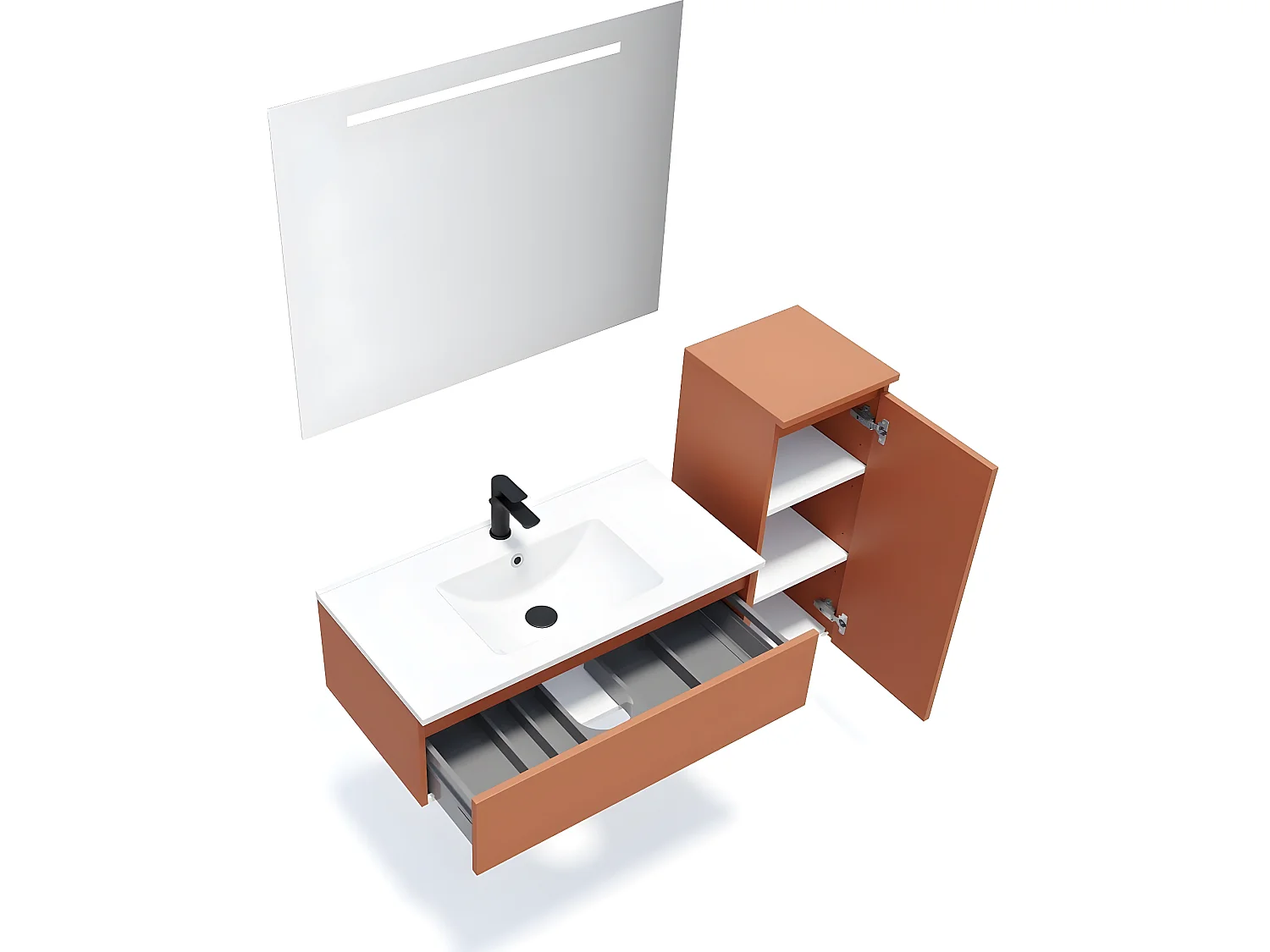 Meuble de salle de bain suspendu vasque intégrée 90cm 1 tiroir Terracotta + miroir + colonne ouverture droite - Hudson