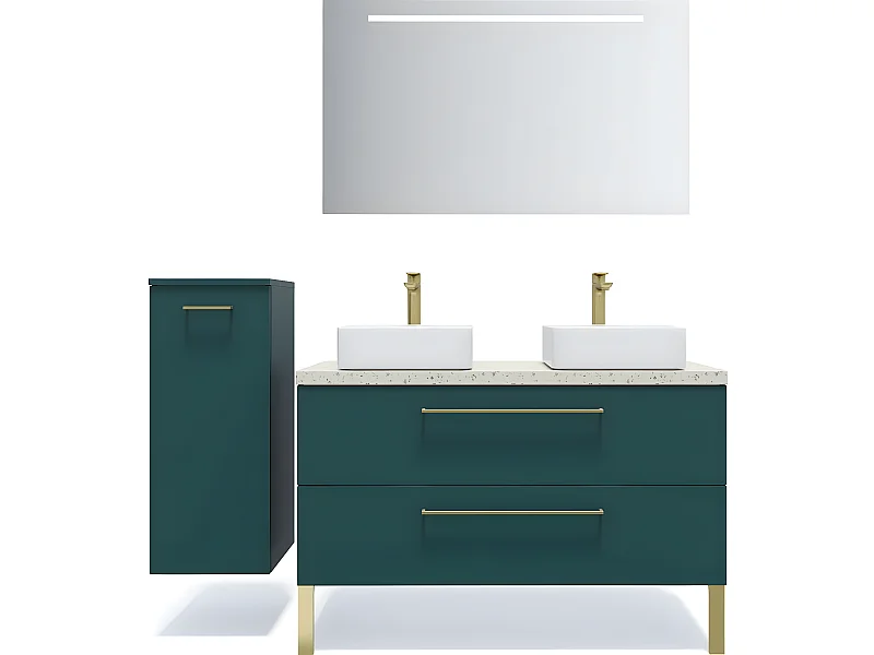 Meuble de salle de bain suspendu 2 vasques à poser 120cm 2 tiroirs Bleu + miroir + colonne ouverture gauche - Glasgow