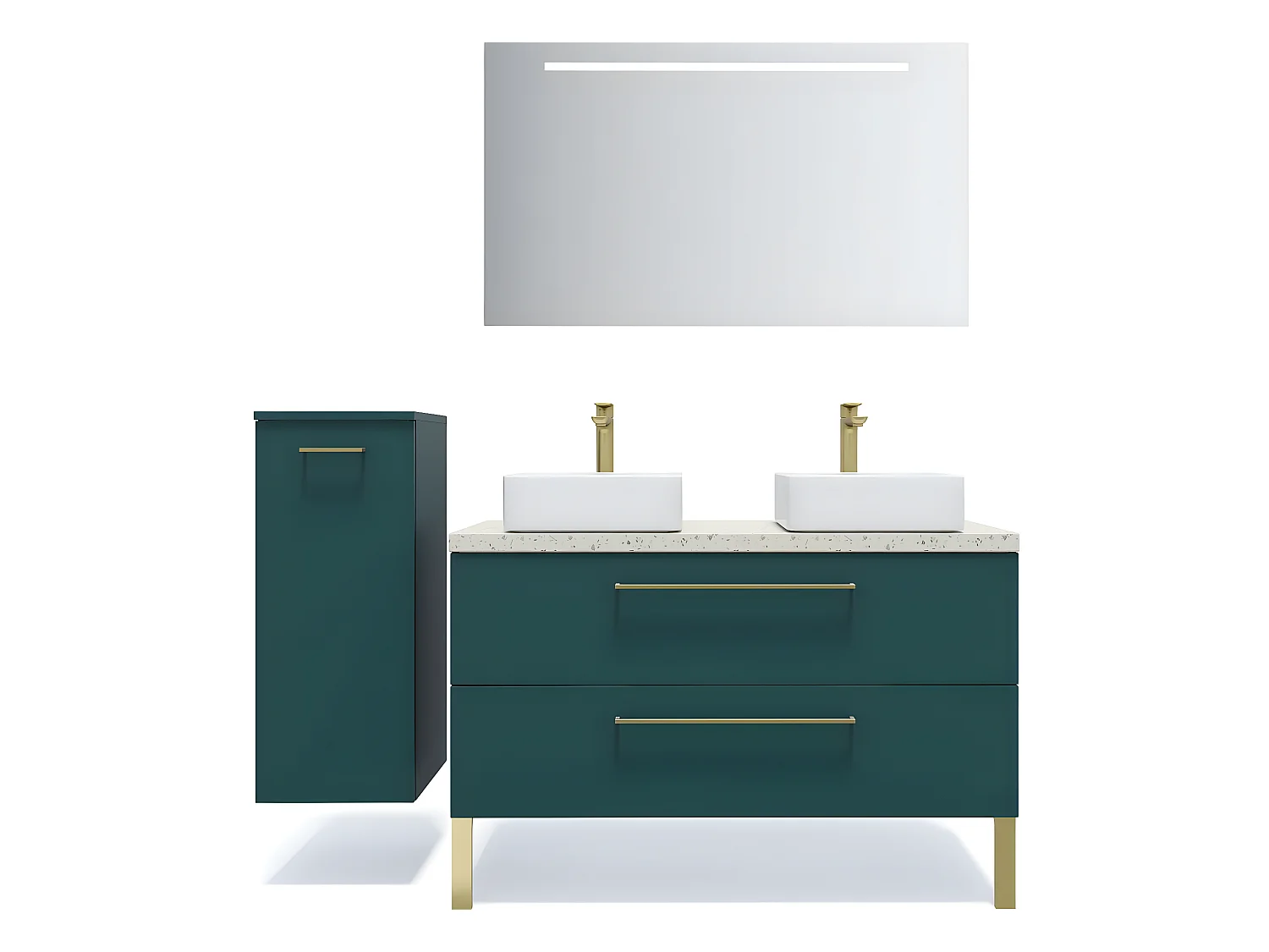 Meuble de salle de bain suspendu 2 vasques à poser 120cm 2 tiroirs Bleu + miroir + colonne ouverture gauche - Glasgow