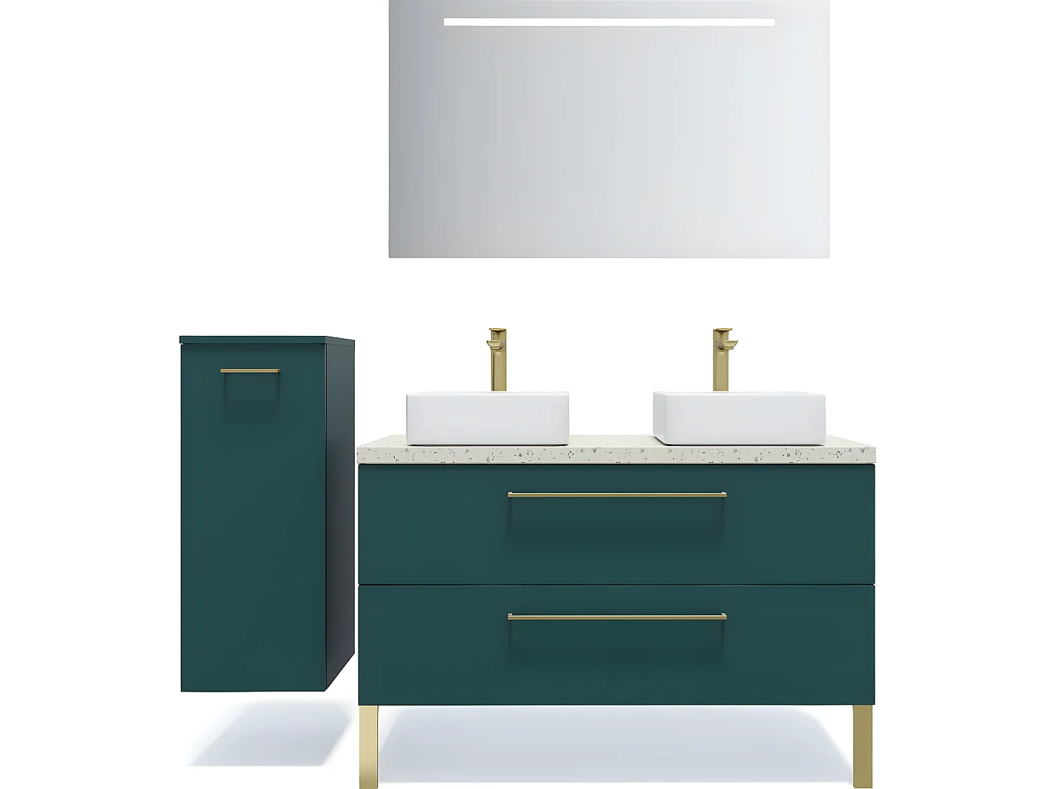 Meuble de salle de bain suspendu 2 vasques à poser 120cm 2 tiroirs Bleu + miroir + colonne ouverture gauche - Glasgow